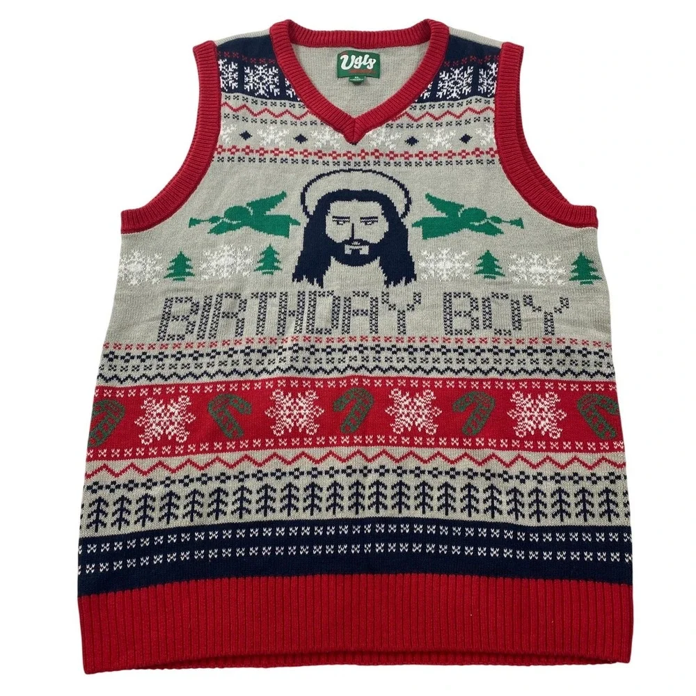 The Ugly Sweater Co Jesus Birthday Boy Christmas Sweater Vest Mens XL Grey Red